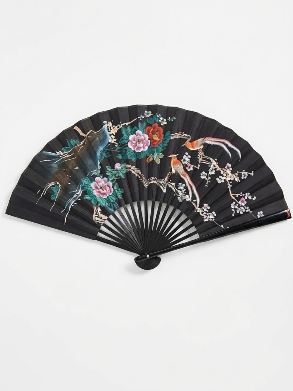 Vintage Large Asian Folding Wall Fan Hand Painted Birds Peony Flowers Black Wood